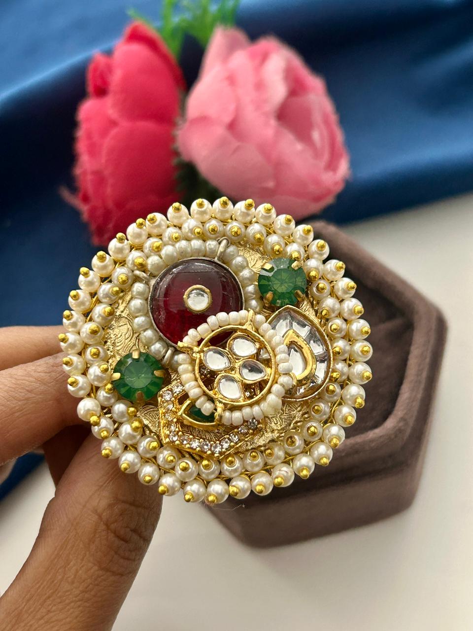 Aarvika Kundan German Silver Statement Ring