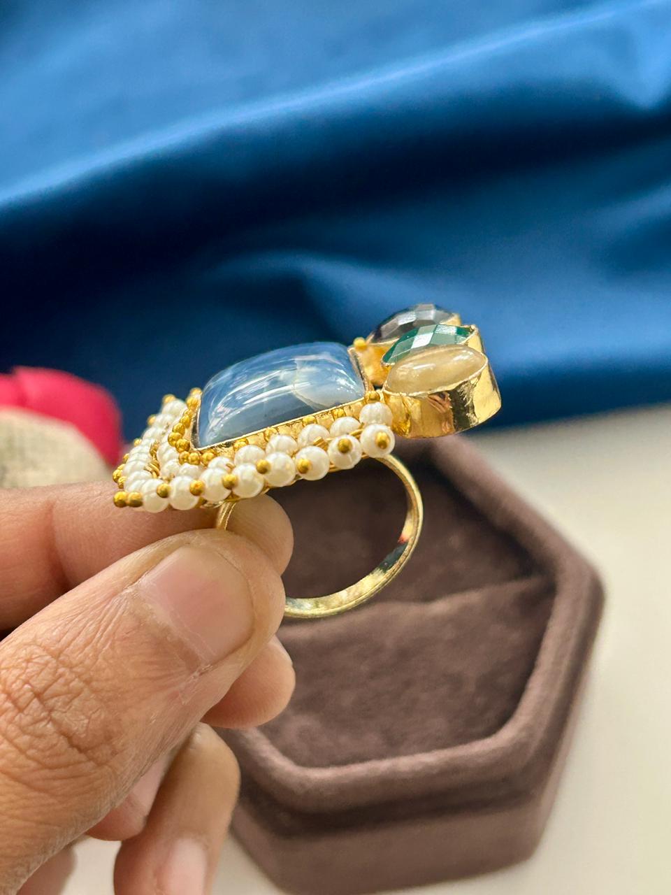 Neelvasa Natural Stone German Silver Statement Ring