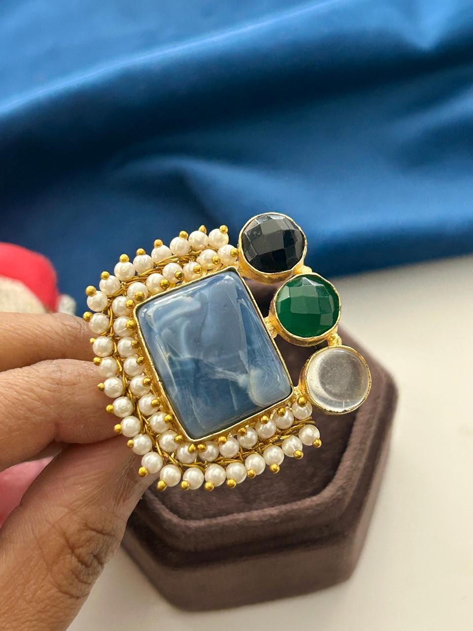 Neelvasa Natural Stone German Silver Statement Ring