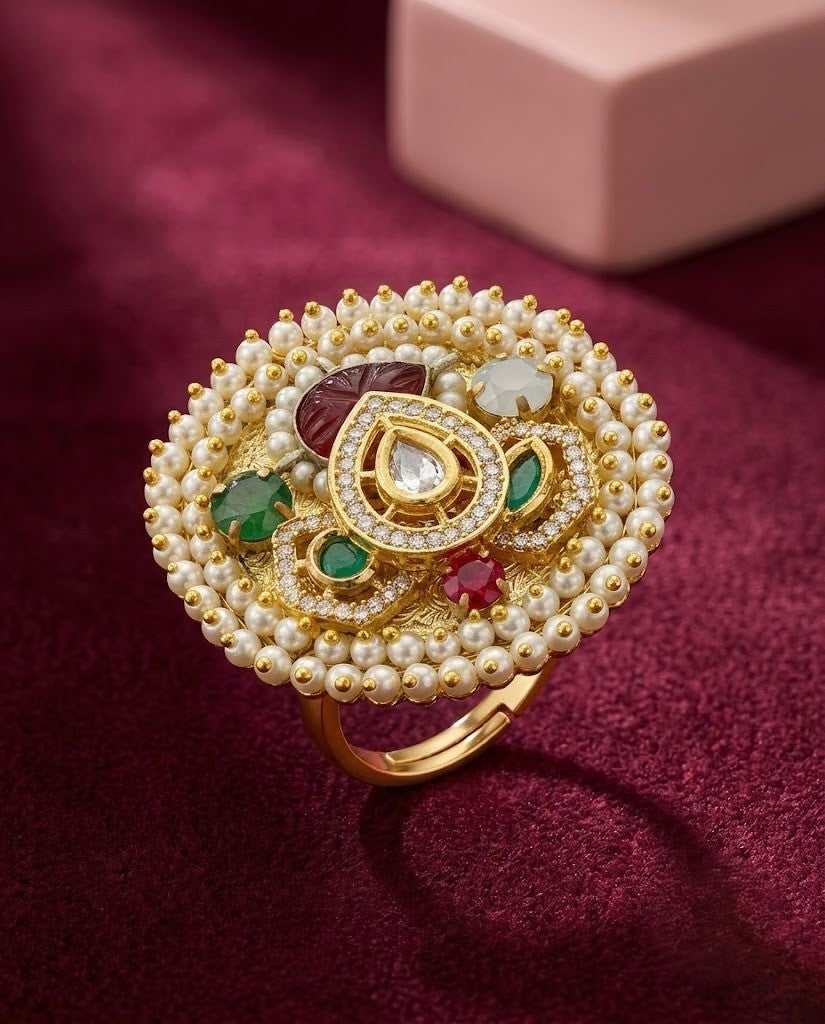 Meher Gulbahar Kundan German Silver Statement Ring