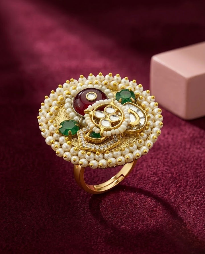Aarvika Kundan German Silver Statement Ring
