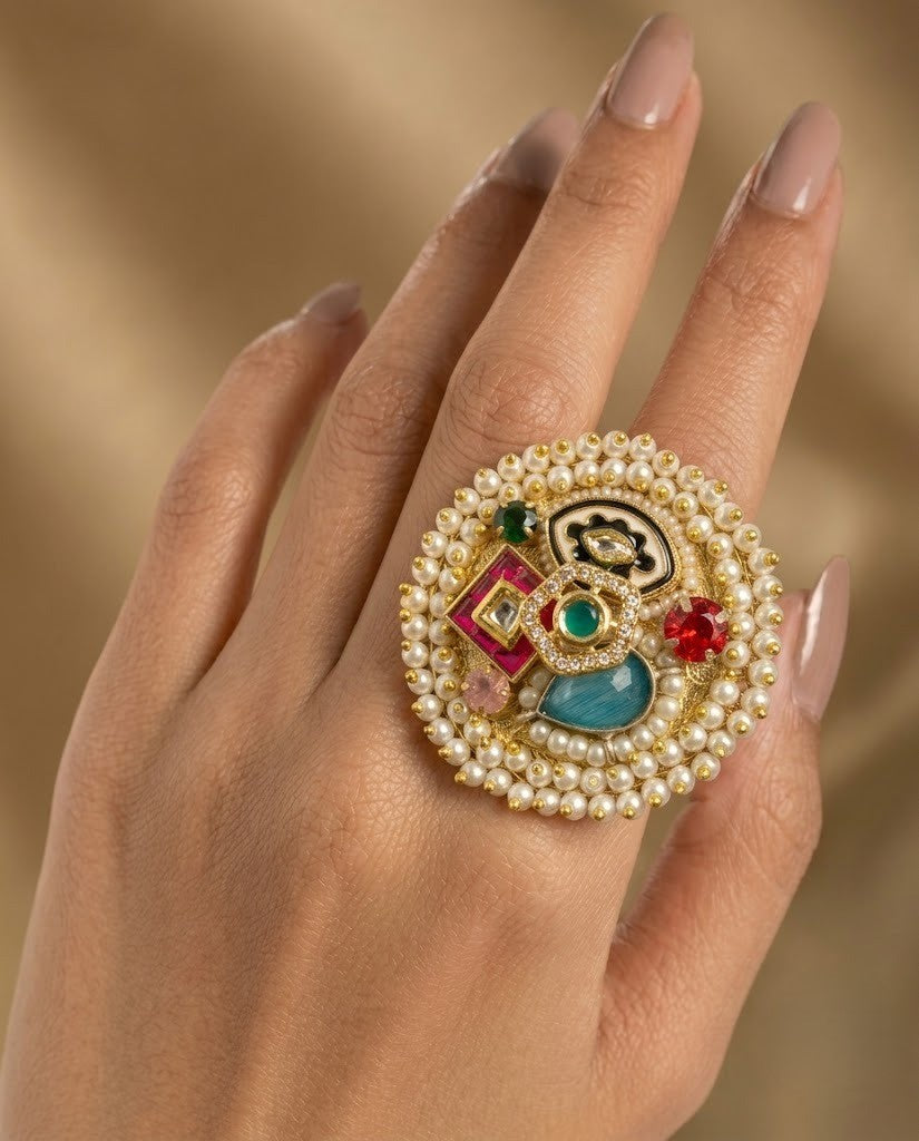 Zarisha Kundan German Silver Statement Ring