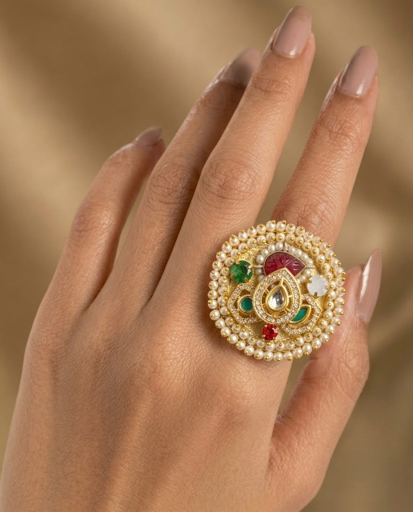 Meher Gulbahar Kundan German Silver Statement Ring