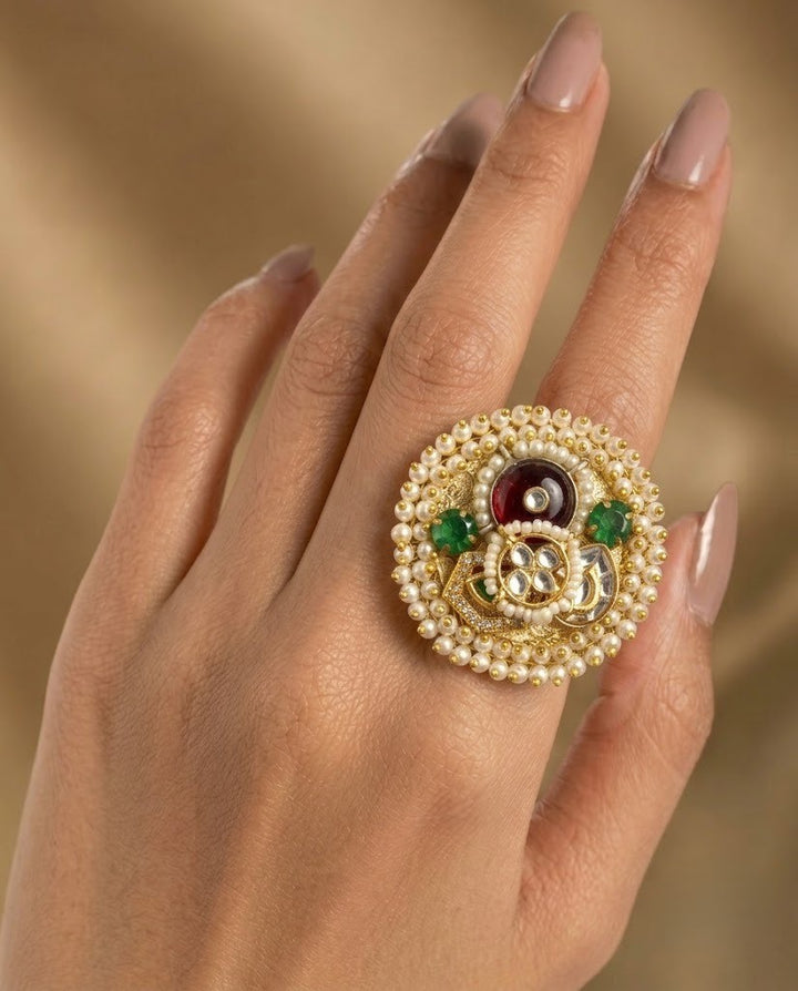 Aarvika Kundan German Silver Statement Ring