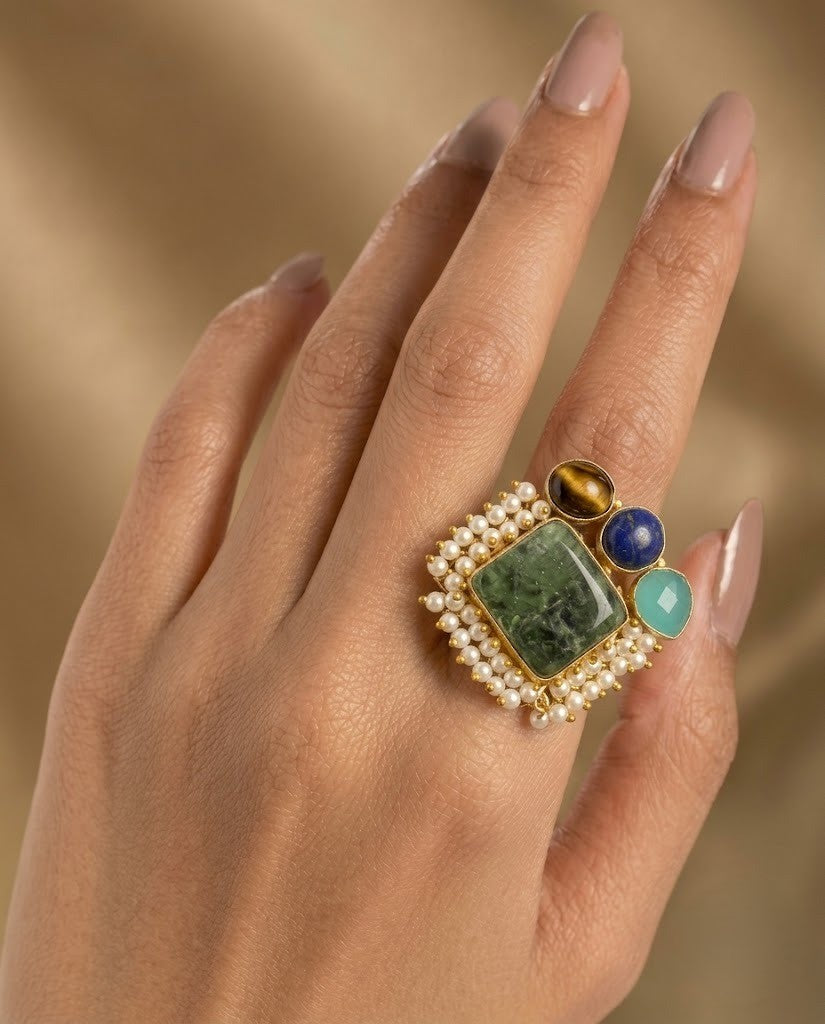 Varnika Natural Stone German Silver Statement Ring