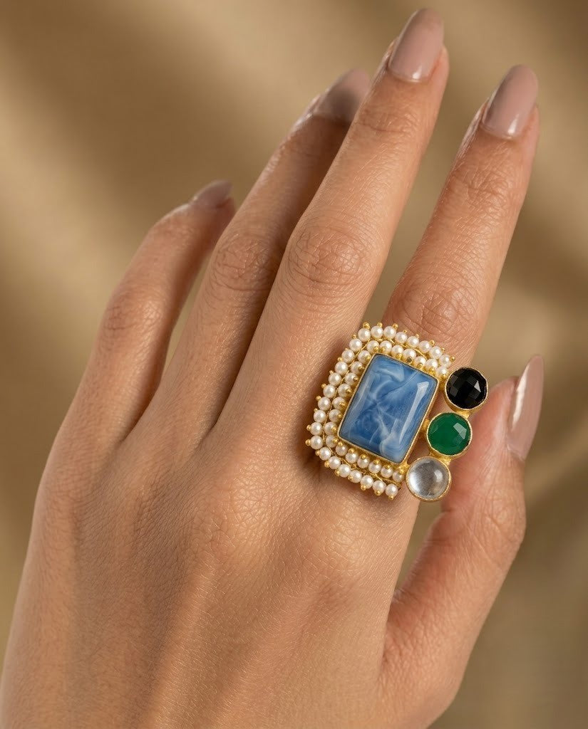 Neelvasa Natural Stone German Silver Statement Ring