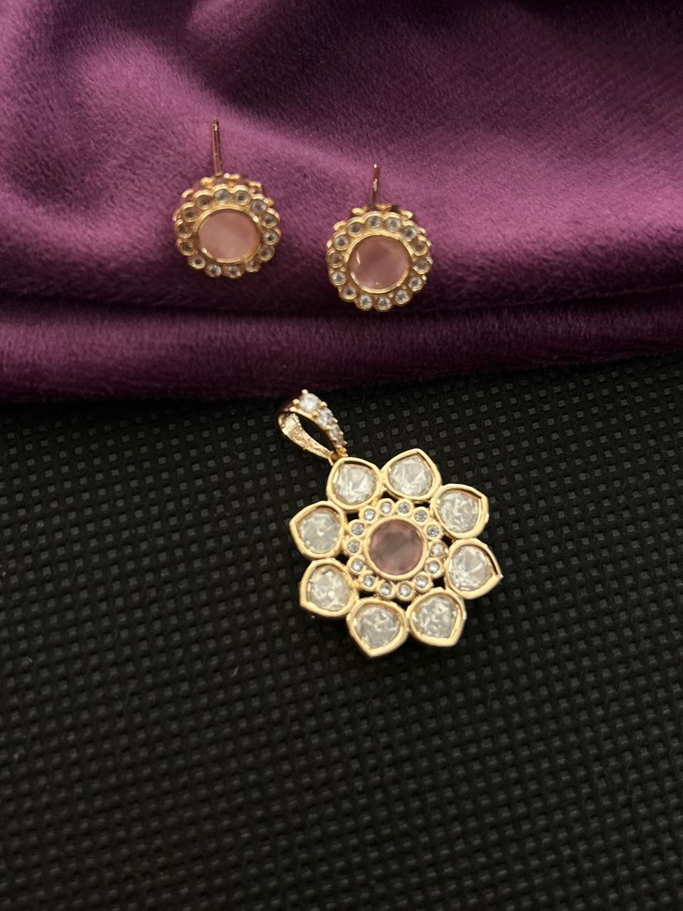 Noorpushp Kundan Pendant Set with Stud Earrings  Floral Jewellery Set