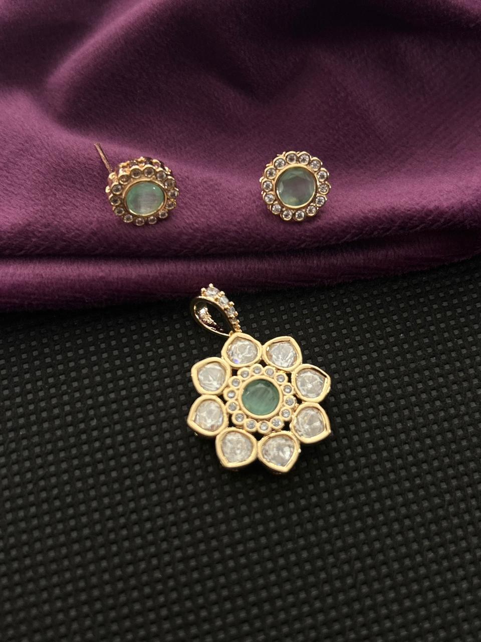 Noorpushp Kundan Pendant Set with Stud Earrings  Floral Jewellery Set