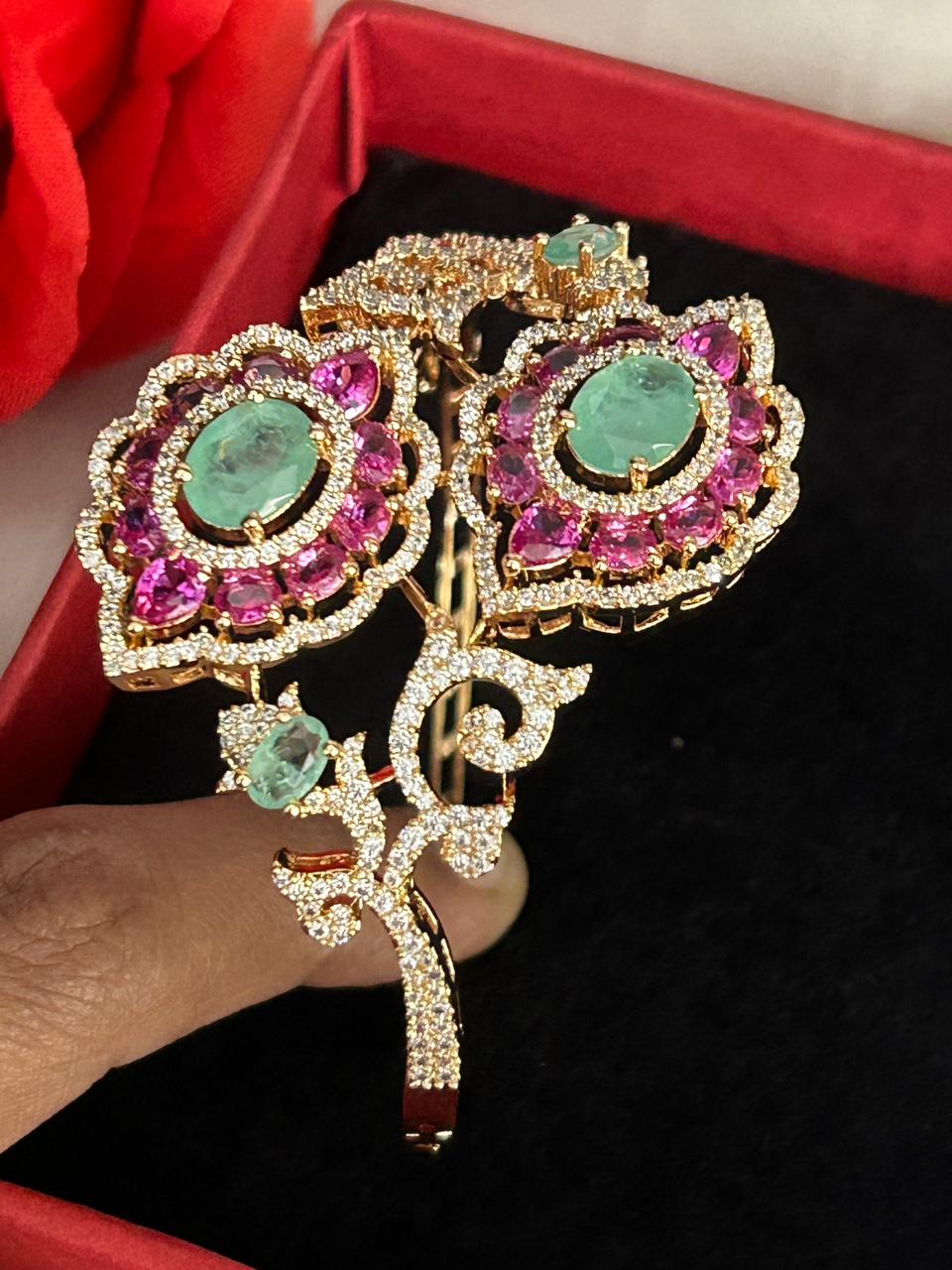 Vanya Emerald Bloom Open Cuff Kada | Gold Plated CZ Floral Bracelet for Women