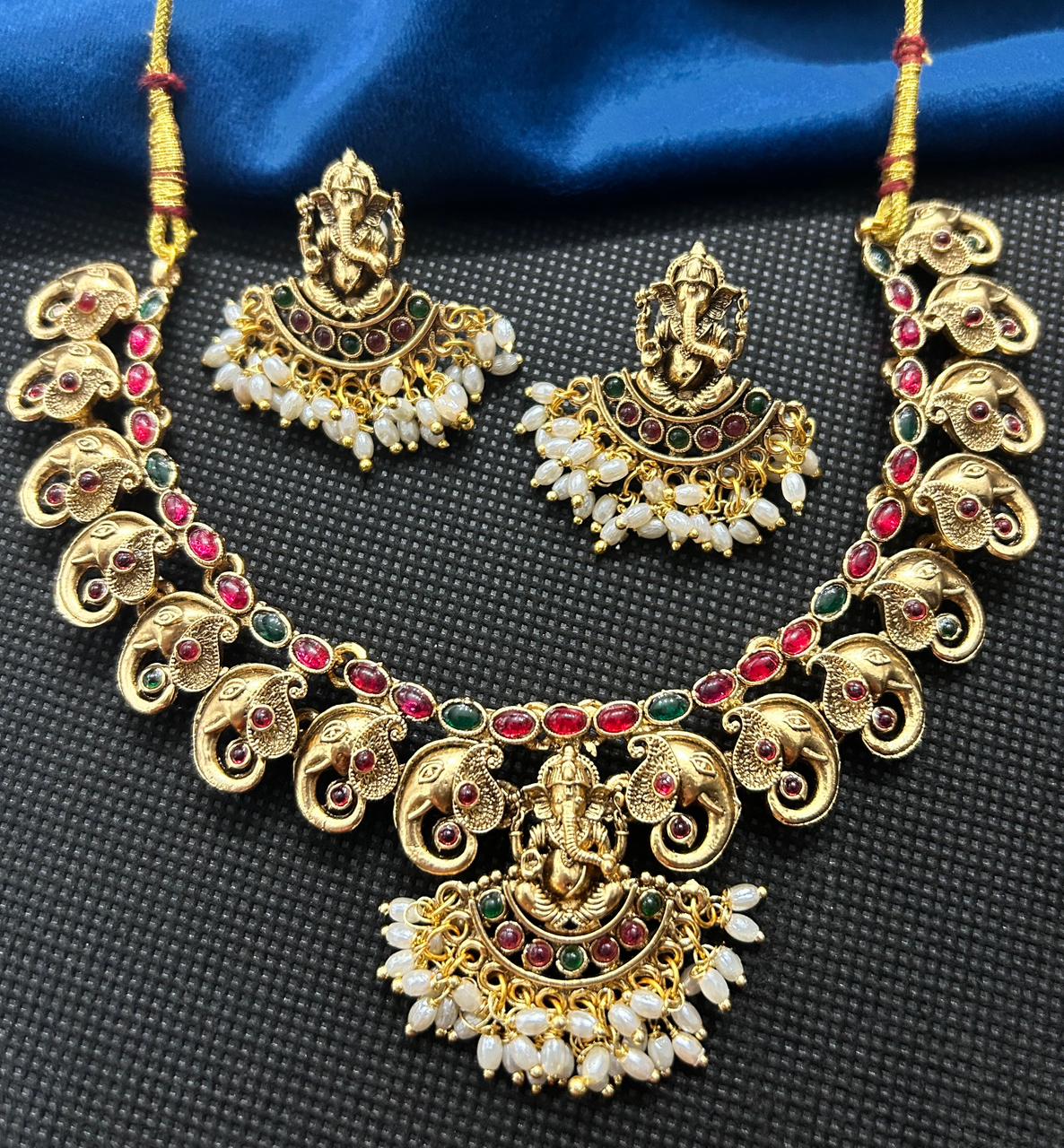 Shree Ganesha Mayura Temple Necklace Set Antique Gold Pearl Jewellery for Women
