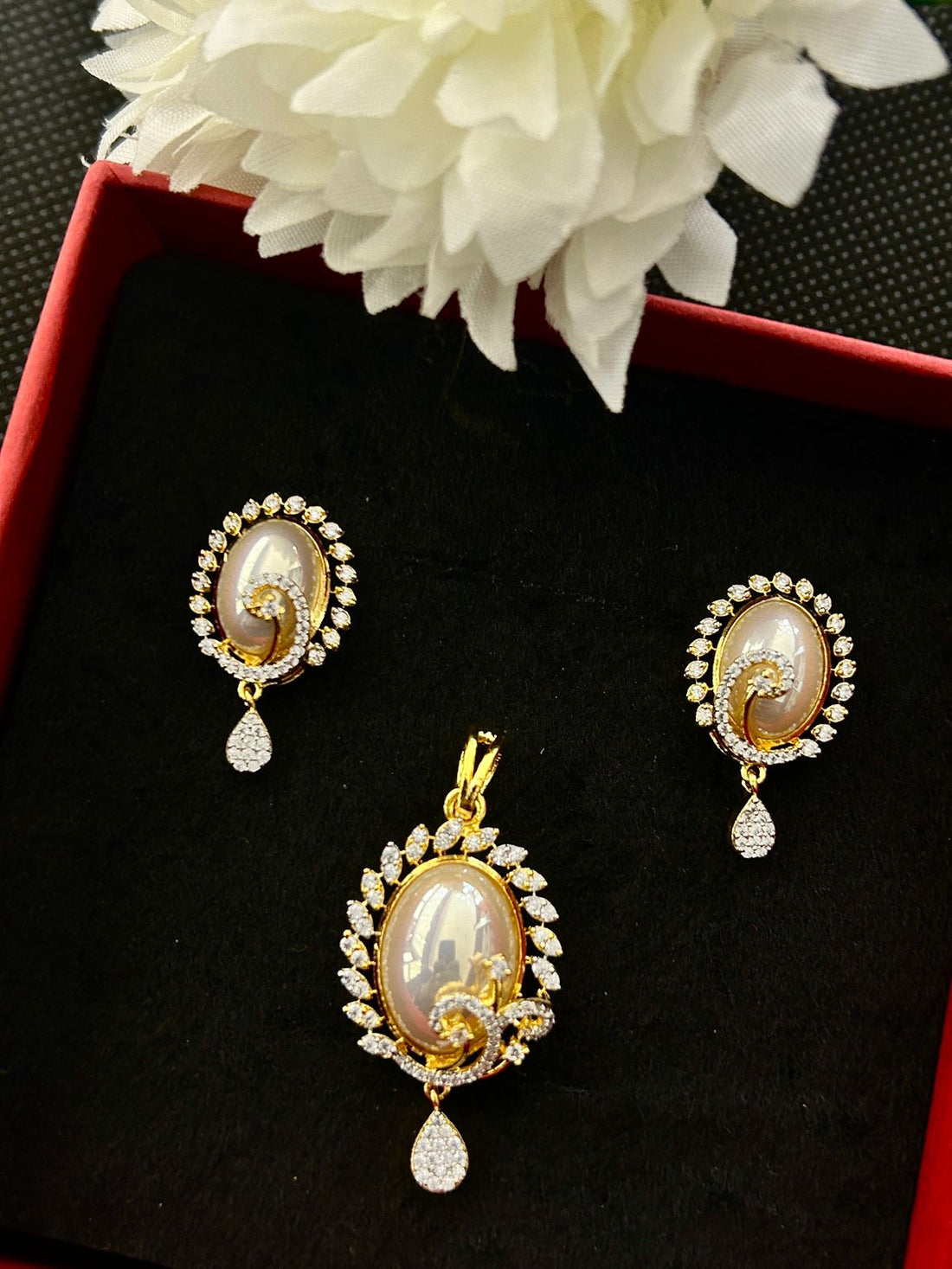 Aarohi Mother of Pearl CZ Pendant Set with Earrings