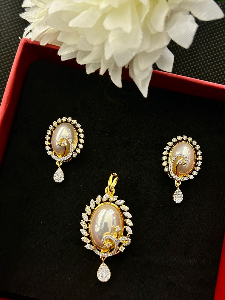 Aarohi Mother of Pearl CZ Pendant Set with Earrings
