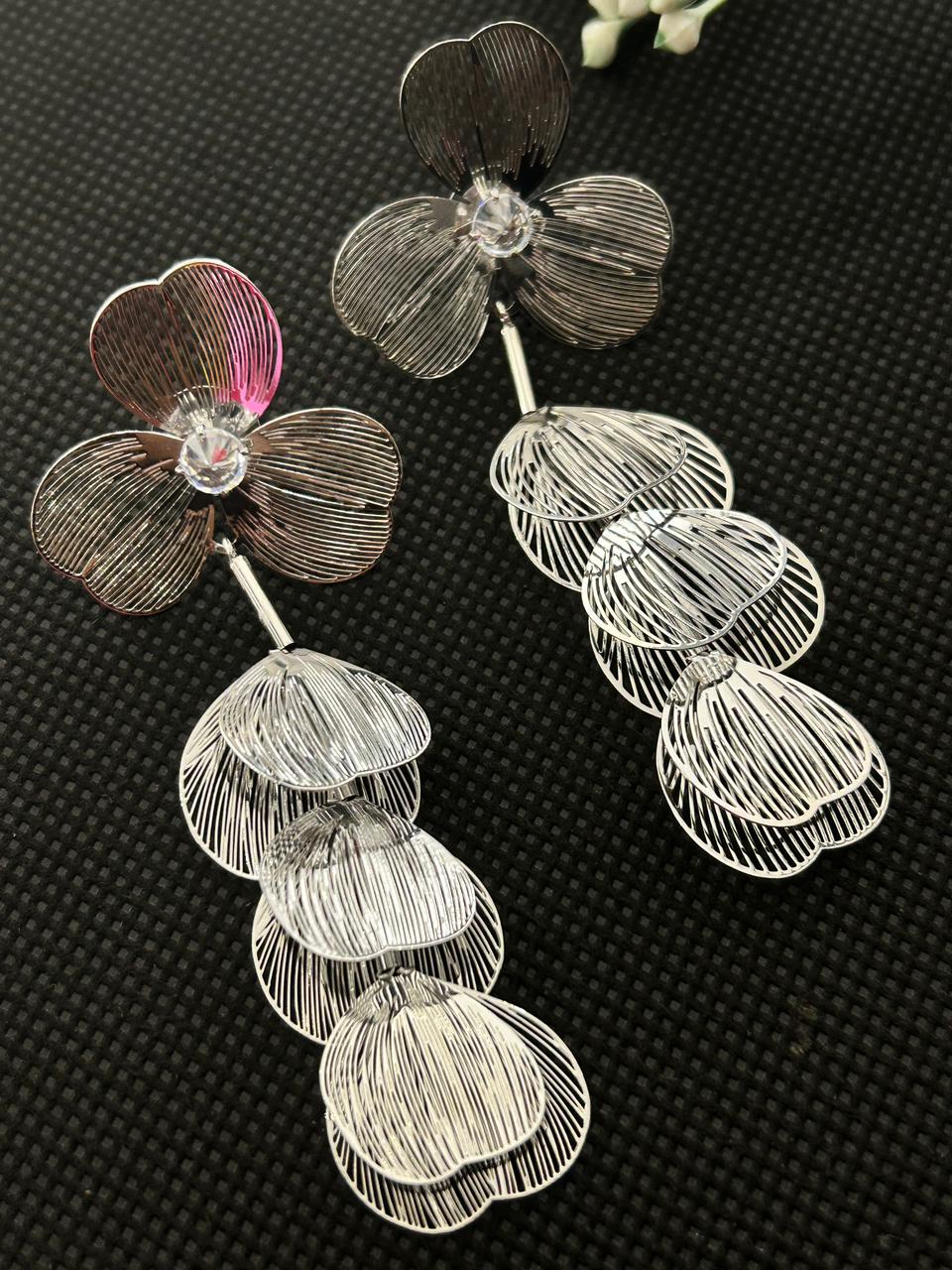 Vanyaa Silver Floral Leaf Statement Drop Earrings