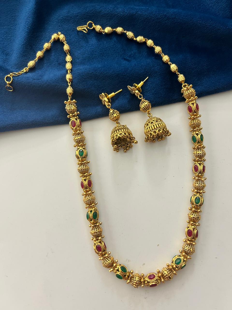 Rajnandini Antique Temple Mala Set with Jhumka Earrings