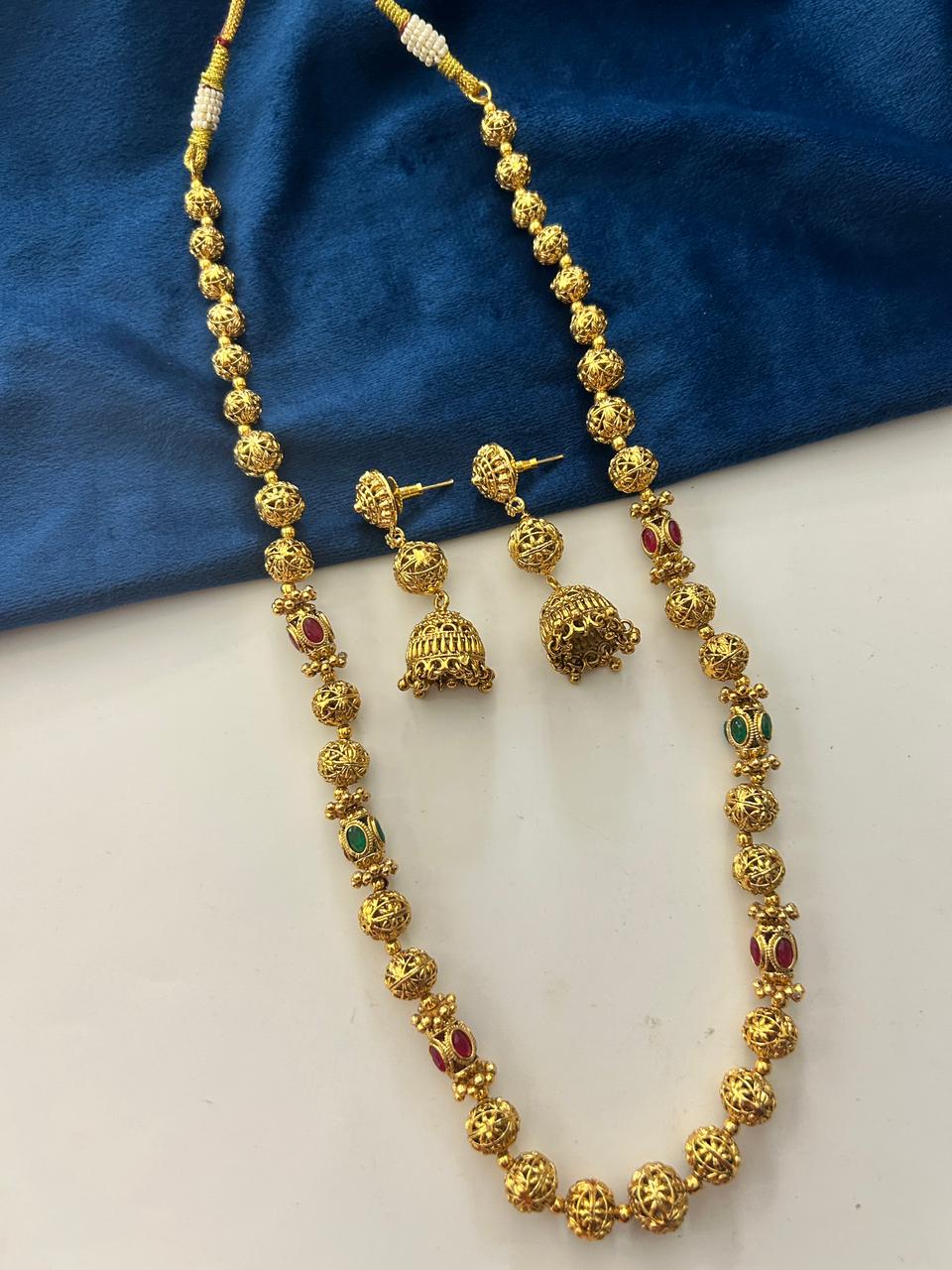 Devanshi Antique Temple Mala Necklace Set with Jhumka Earrings