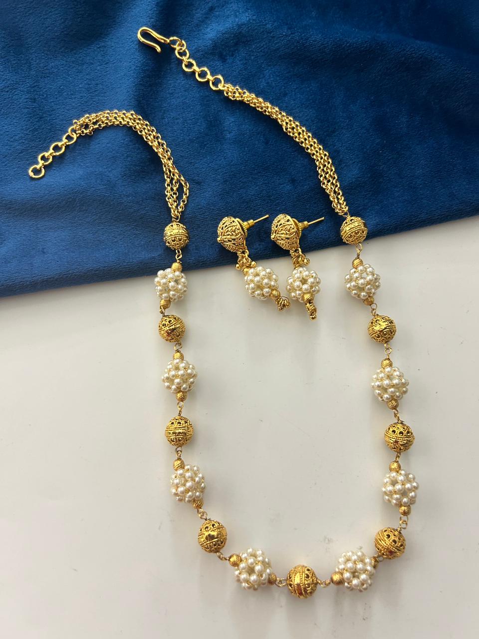Mrinalini Pearl Antique Mala Necklace Set with Earrings