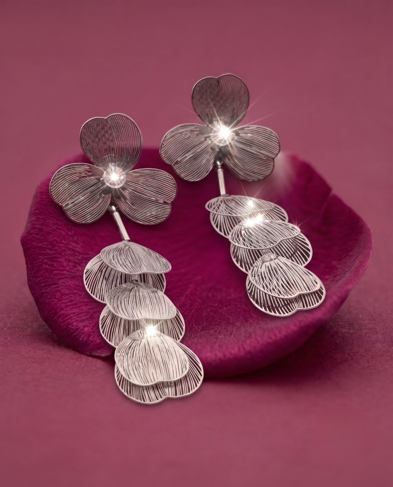 Silver Tone Floral Long Drop Earrings for Women
