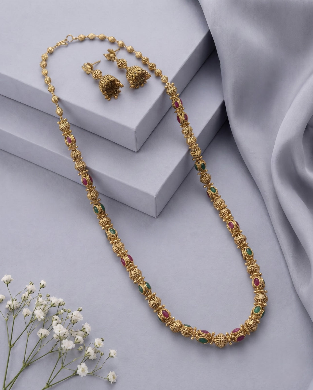 Rajnandini Antique Temple Mala Set with Jhumka Earrings