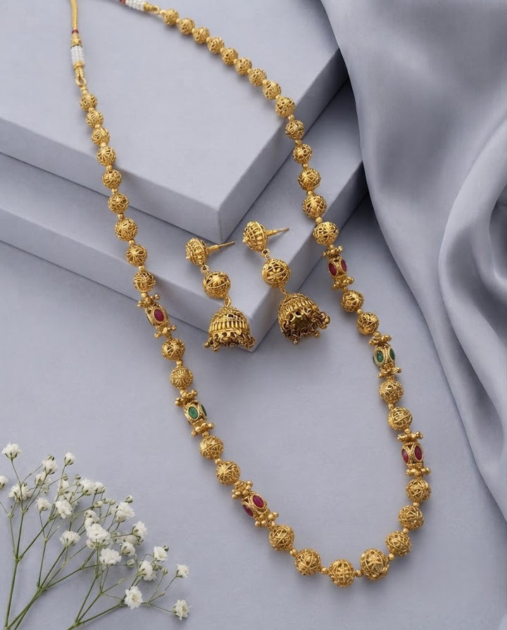 Devanshi Antique Temple Mala Necklace Set with Jhumka Earrings