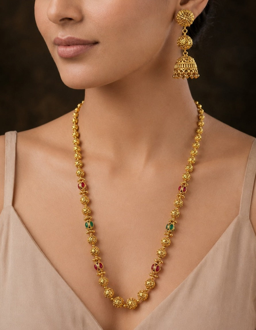 Devanshi Antique Temple Mala Necklace Set with Jhumka Earrings