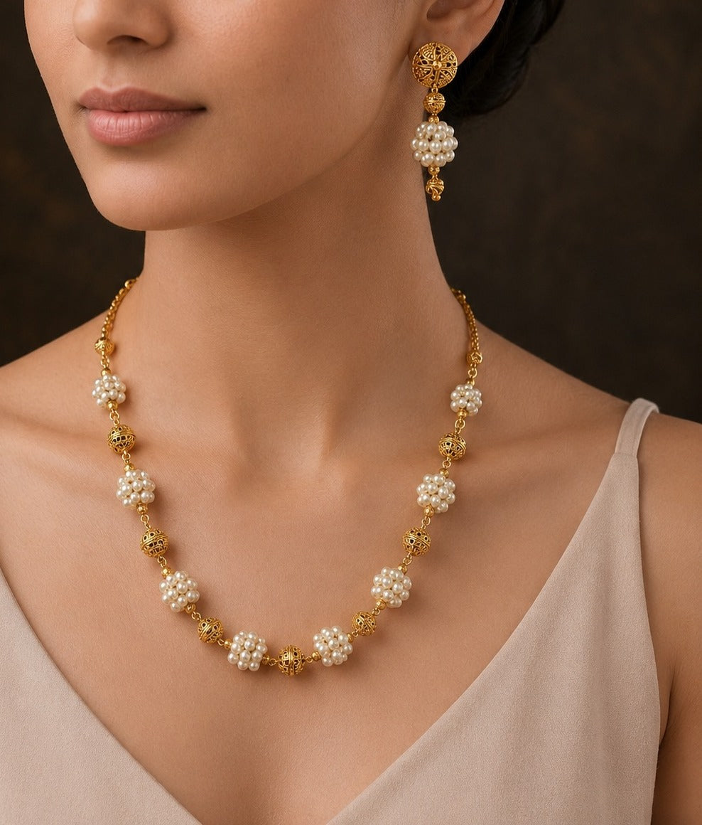 Mrinalini Pearl Antique Mala Necklace Set with Earrings