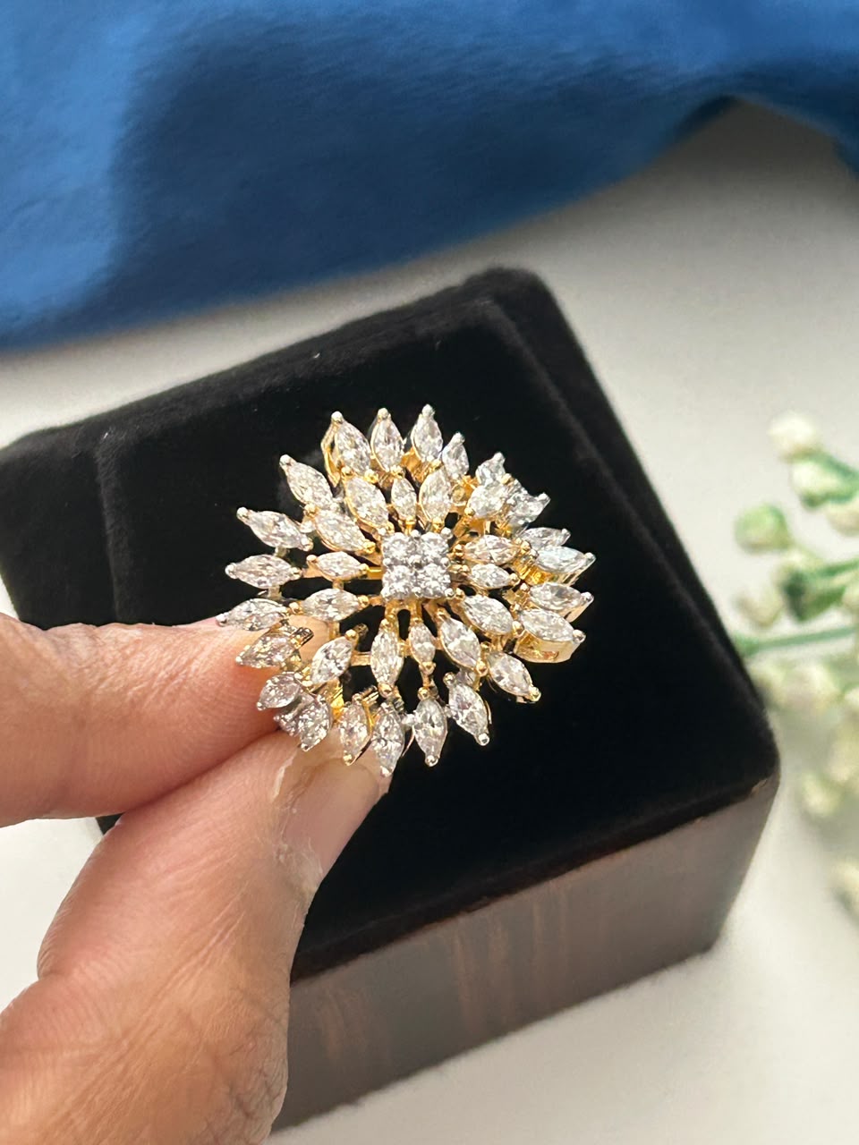 Gold Floral Cluster Adjustable Ring | CZ Diamond Statement Ring for Women