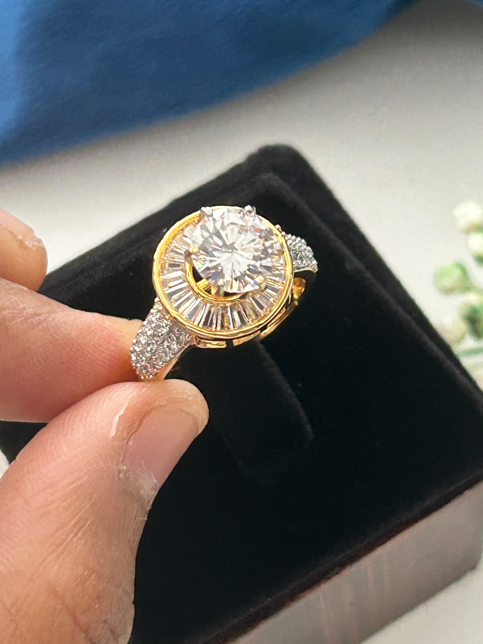 Gold-Plated Solitaire CZ Ring for Women | Baguette Halo Statement Ring