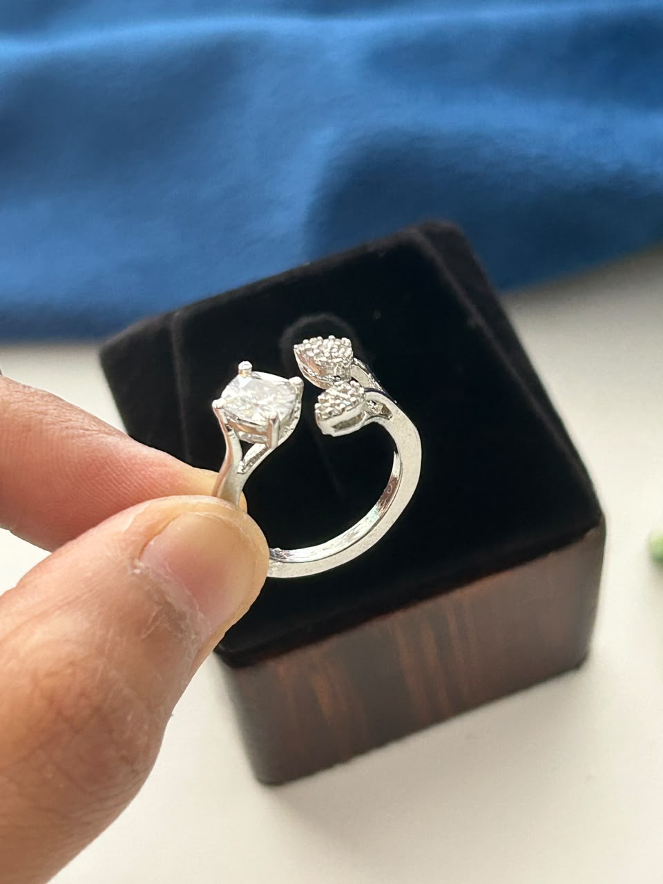 Silver & Gold Adjustable Solitaire Leaf Ring for Women
