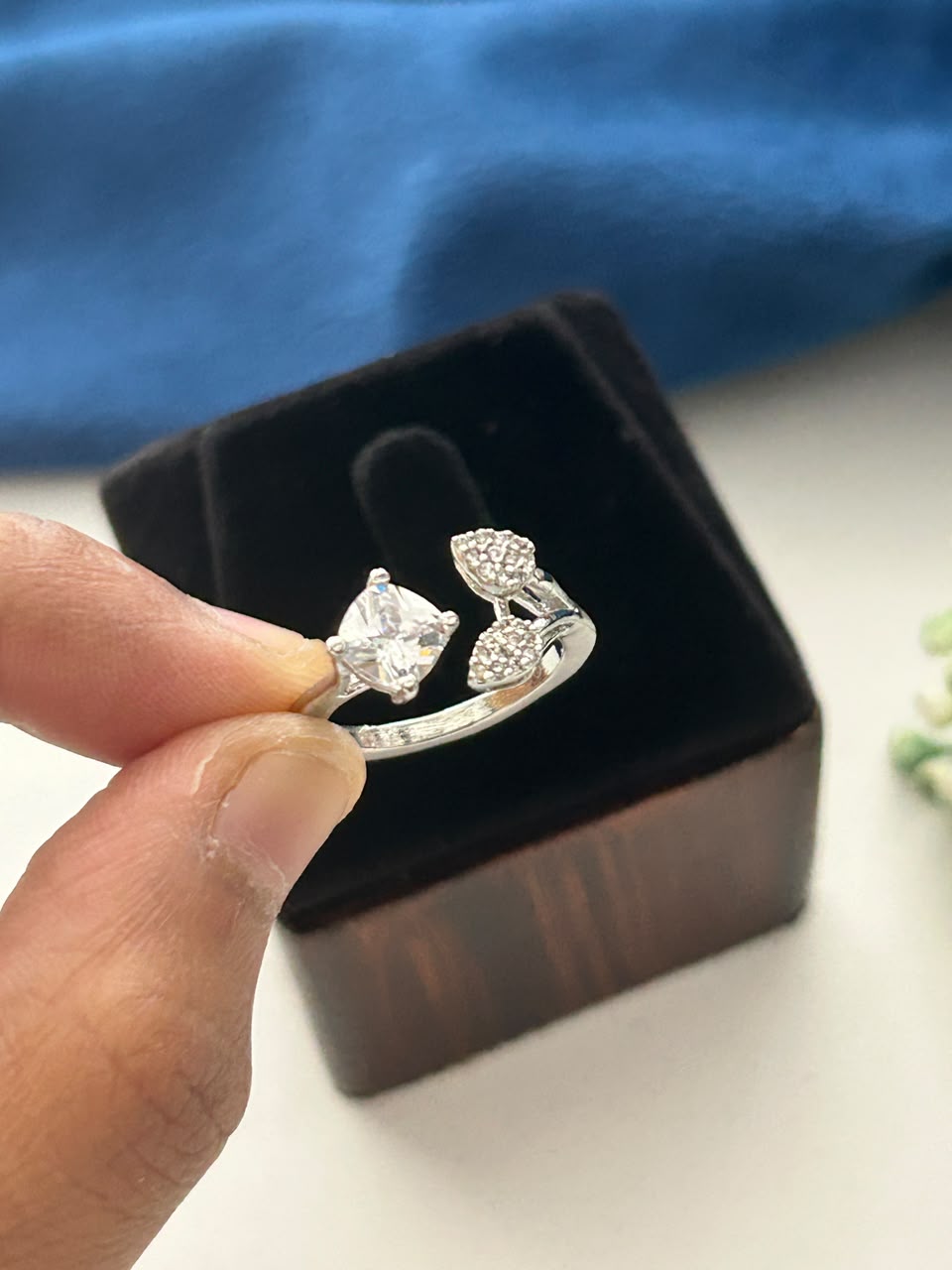 Silver & Gold Adjustable Solitaire Leaf Ring for Women