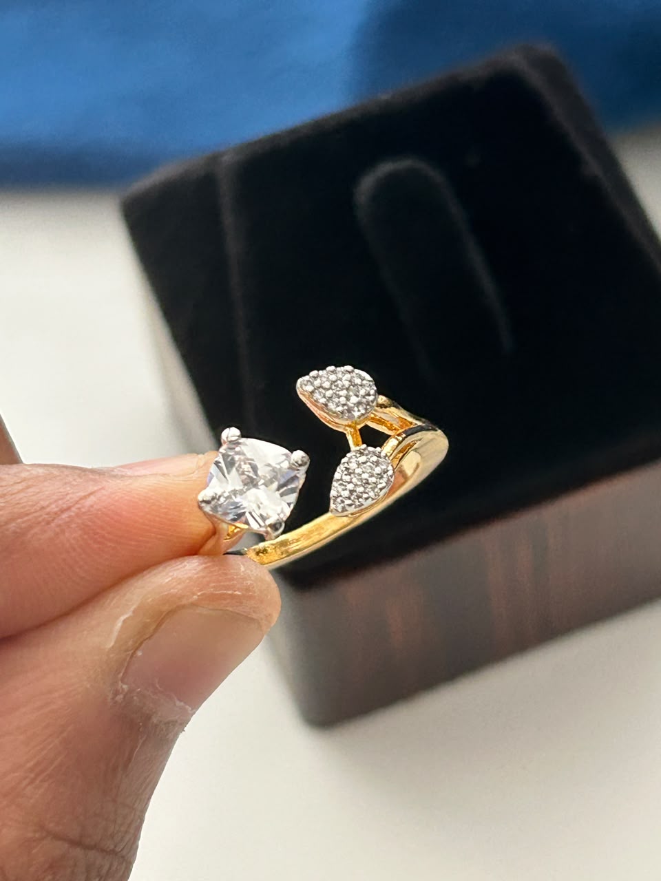 Silver & Gold Adjustable Solitaire Leaf Ring for Women