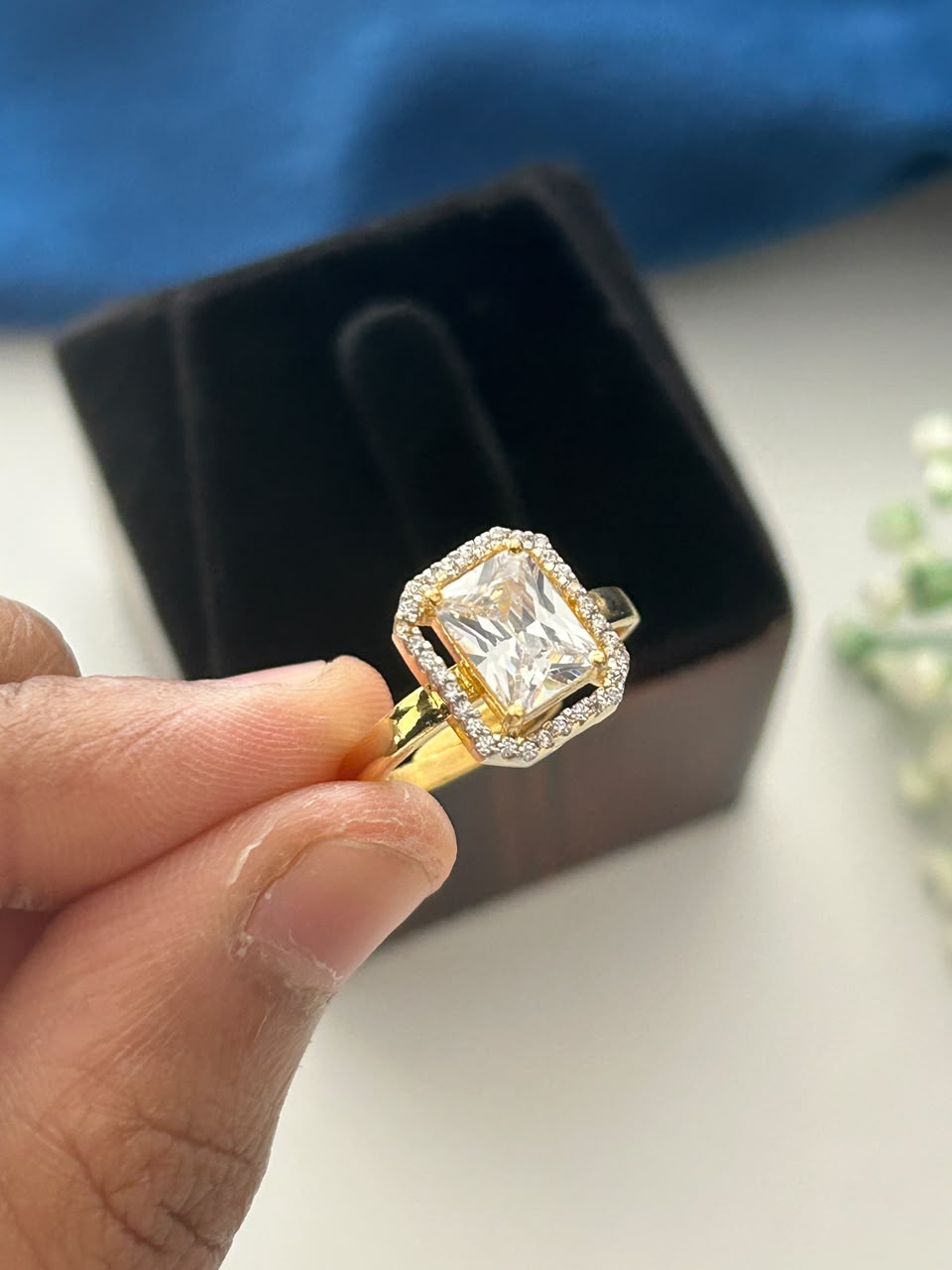 Gold Princess Cut Halo CZ Ring  Solitaire for Women