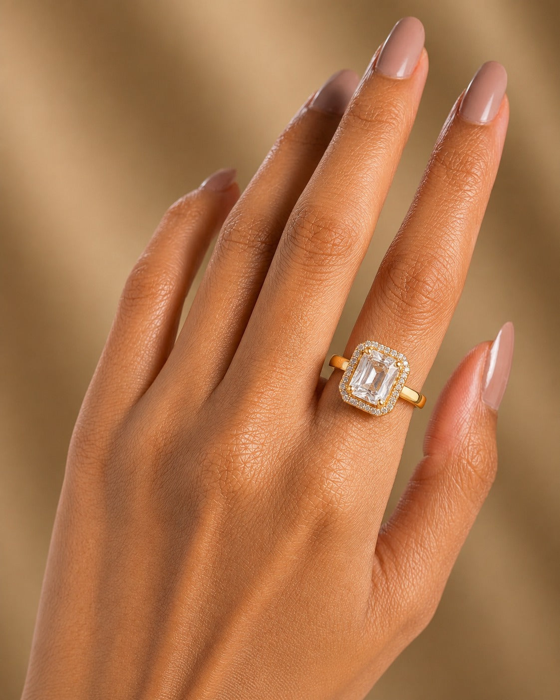 Gold Princess Cut Halo CZ Ring  Solitaire for Women