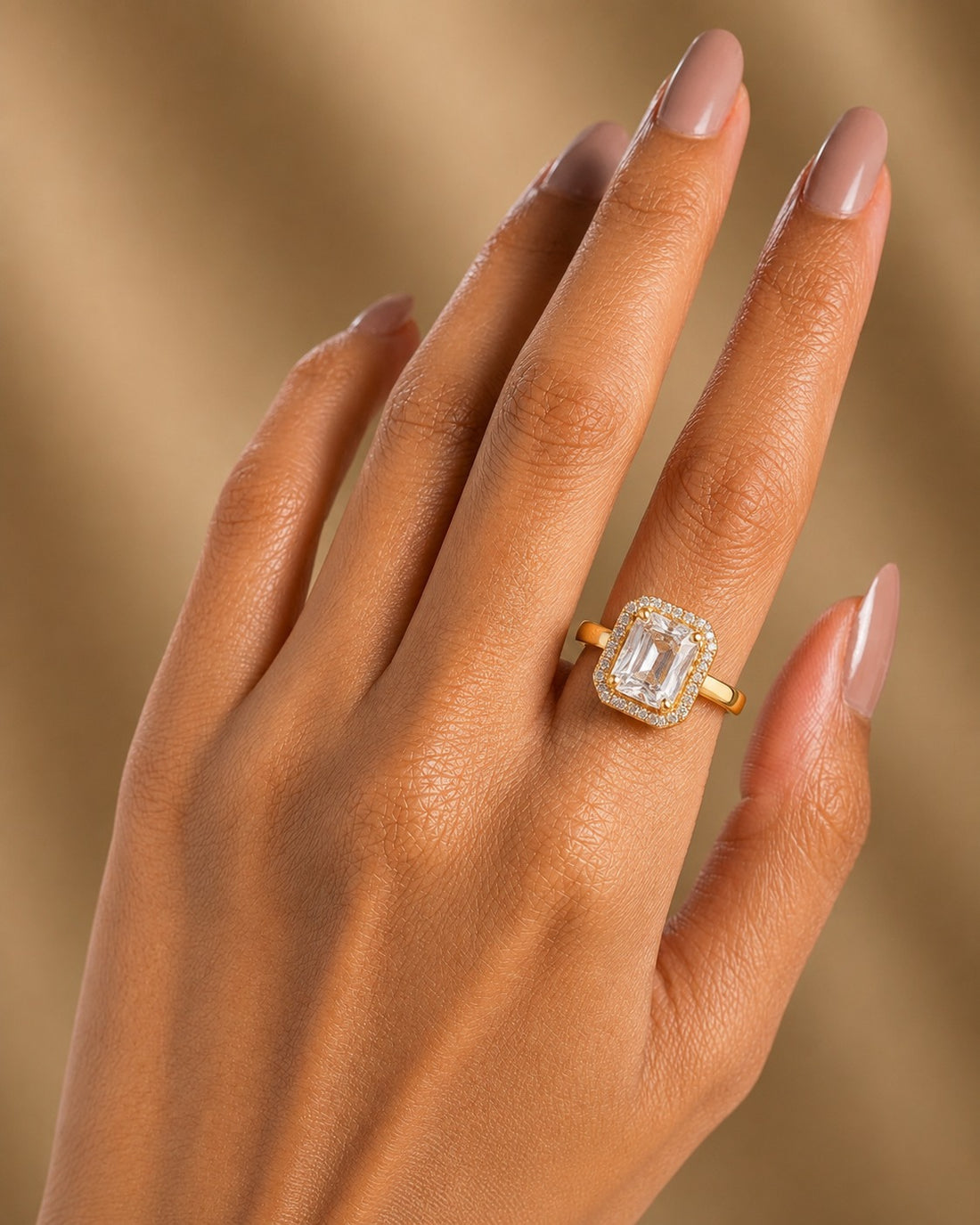 Gold Princess Cut Halo CZ Ring  Solitaire for Women