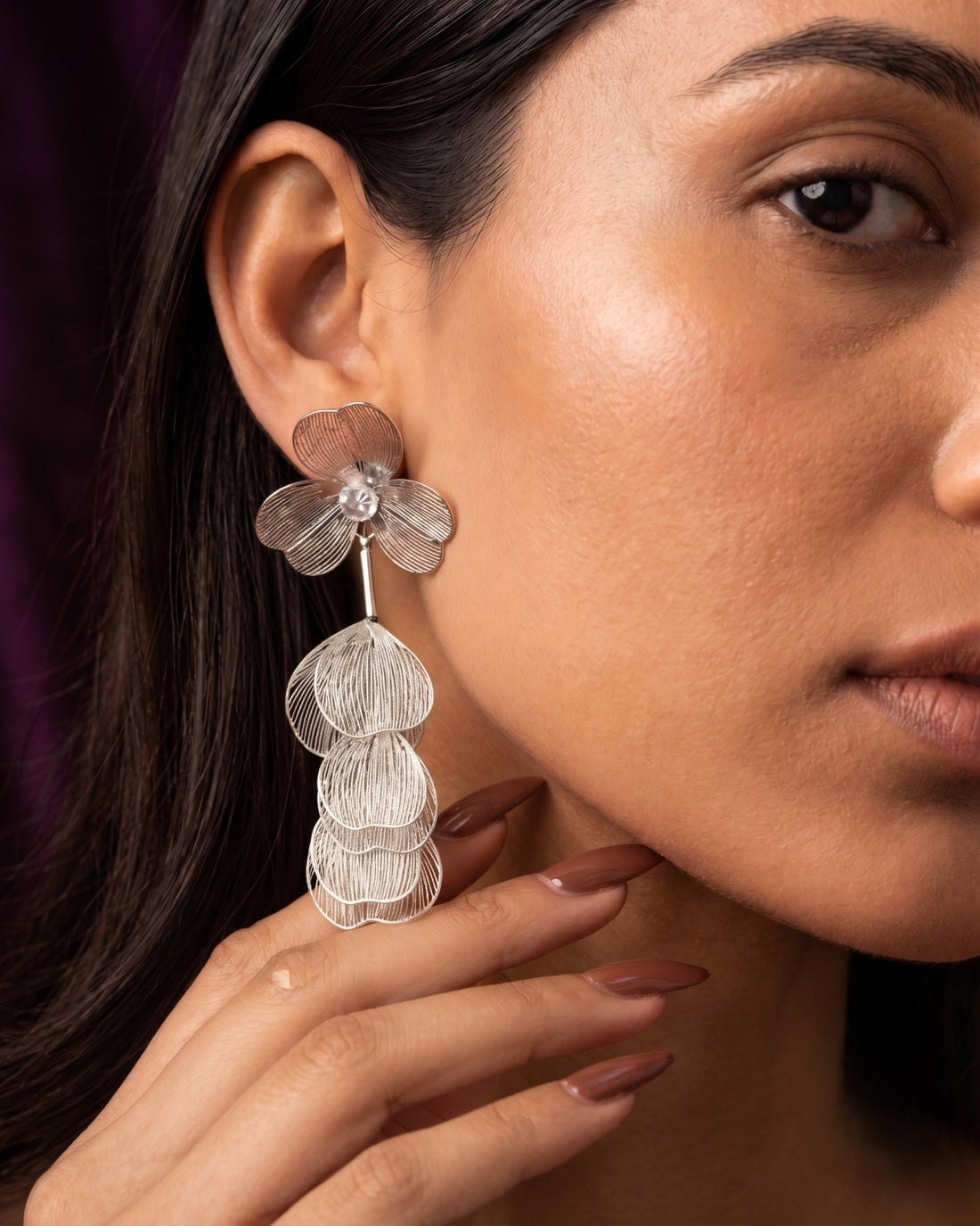 Silver Tone Floral Long Drop Earrings for Women