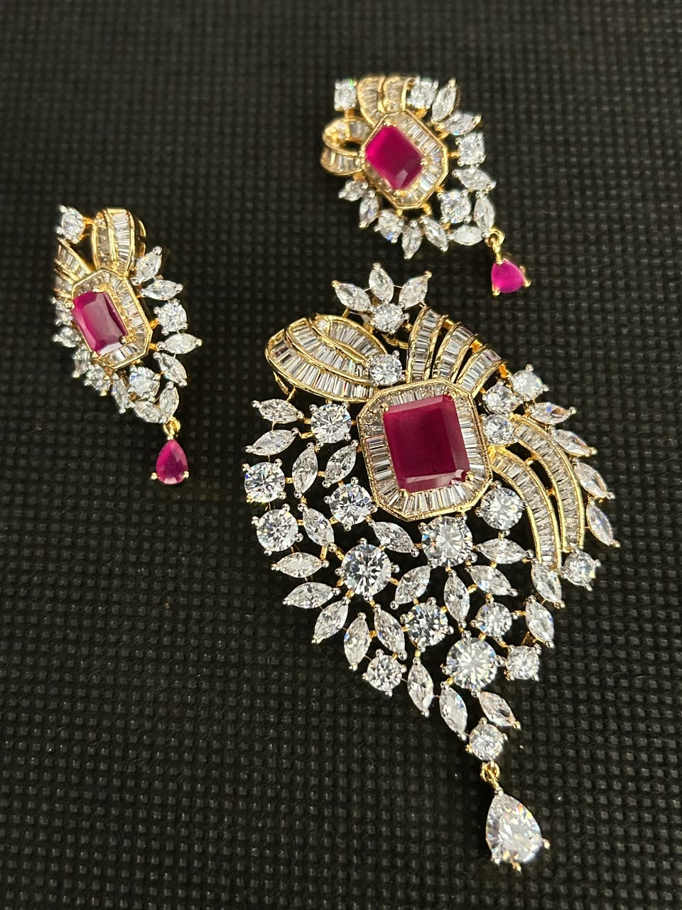 Emerald Royale American Diamond Pendant Set with Designer Earrings