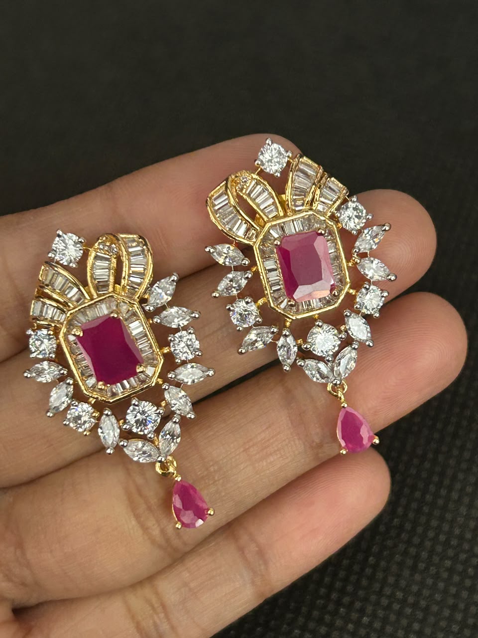 Emerald Royale American Diamond Pendant Set with Designer Earrings