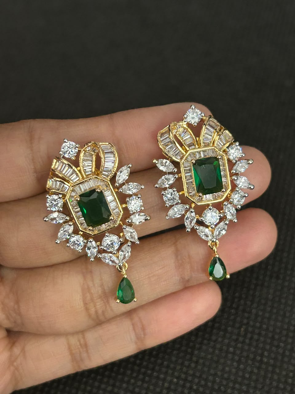 Emerald Royale American Diamond Pendant Set with Designer Earrings