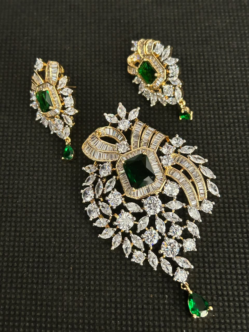 Emerald Royale American Diamond Pendant Set with Designer Earrings