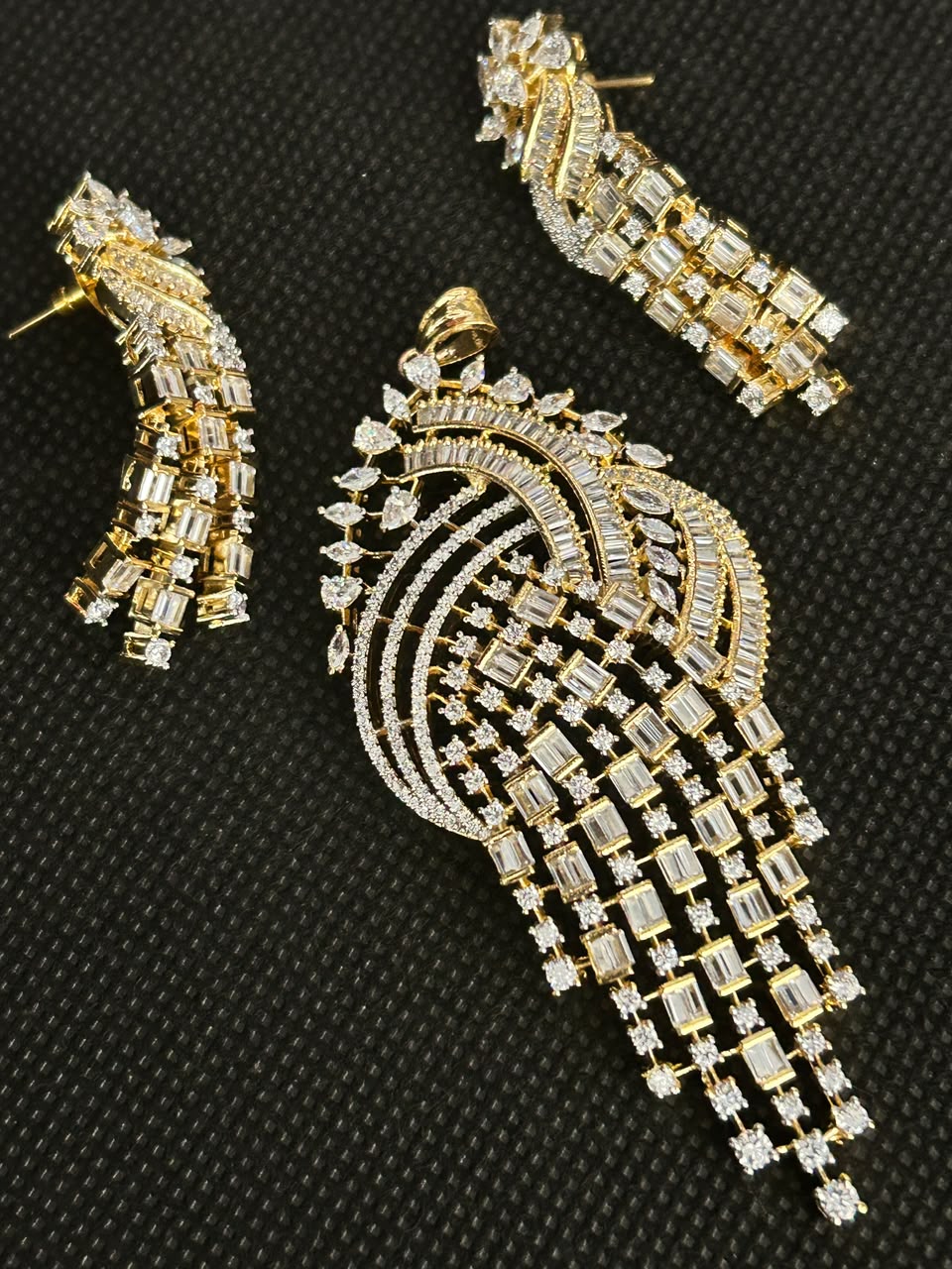 Royal Cascade American Diamond Pendant Set with Statement Earrings