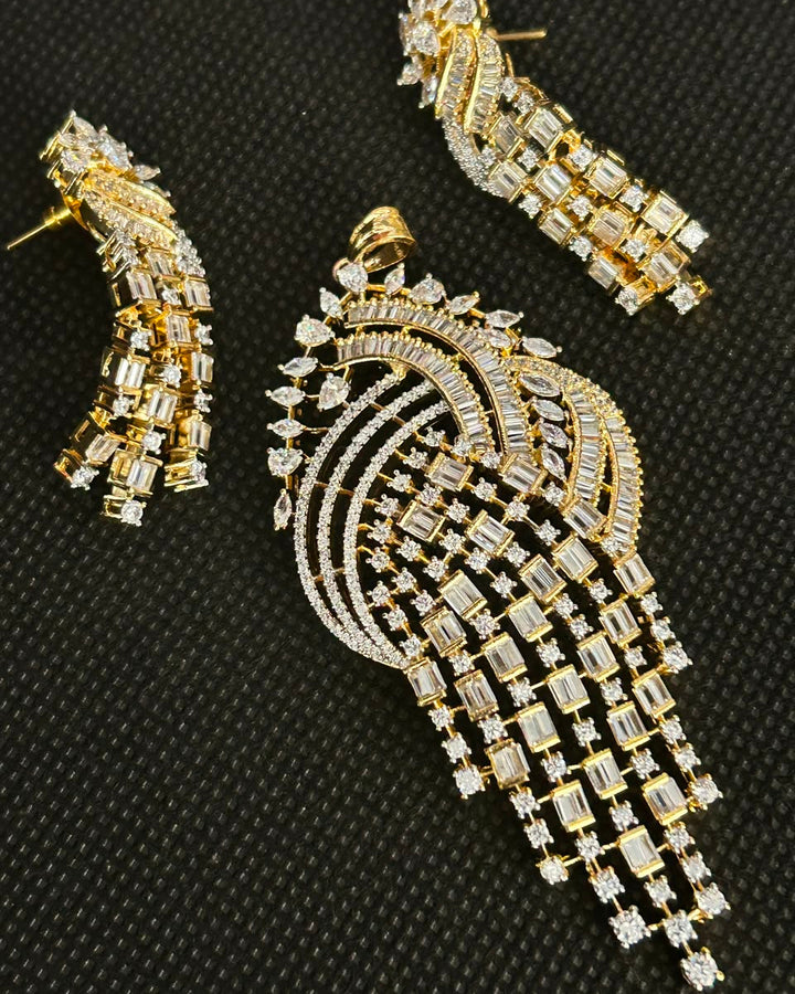 Royal Cascade American Diamond Pendant Set with Statement Earrings