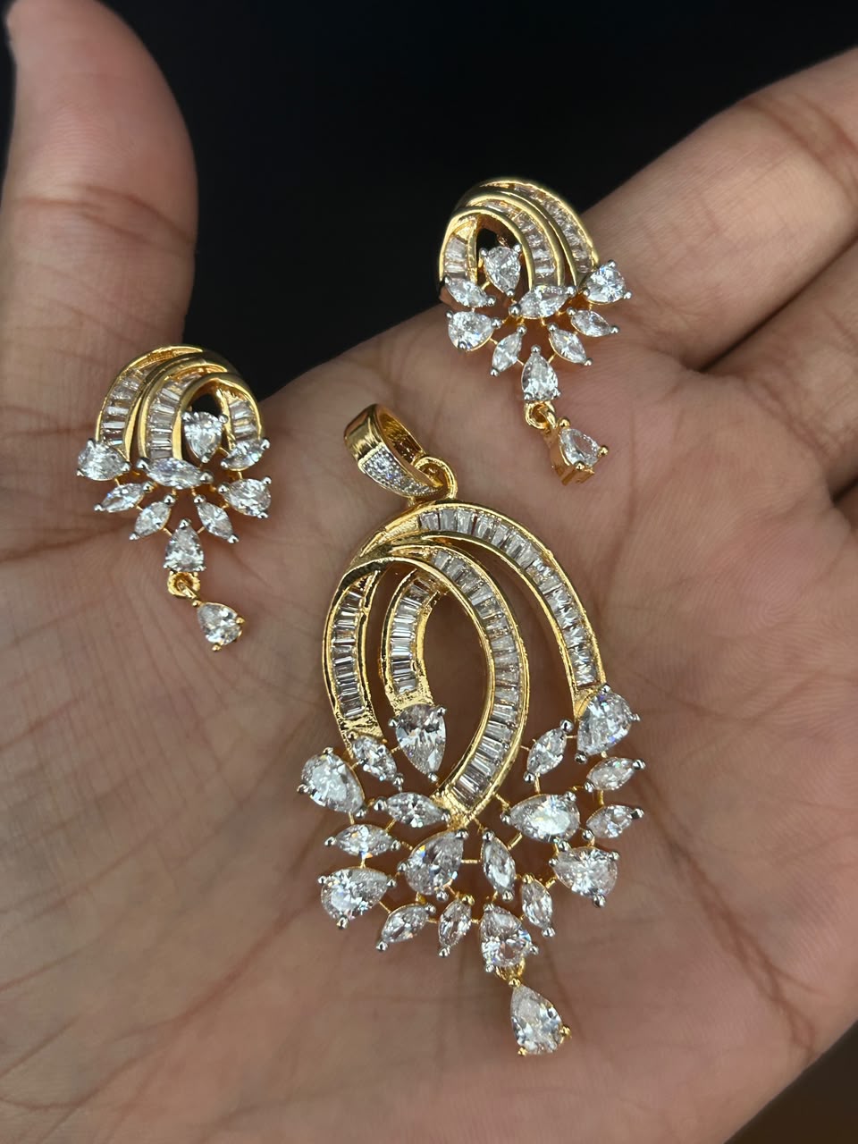 Mehndi Polish Luxury CZ Pendant Set with Matching Drop Earrings