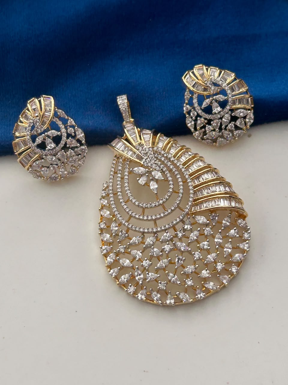 Mehndi Polish Designer CZ Pendant Set with Matching Stud Earrings