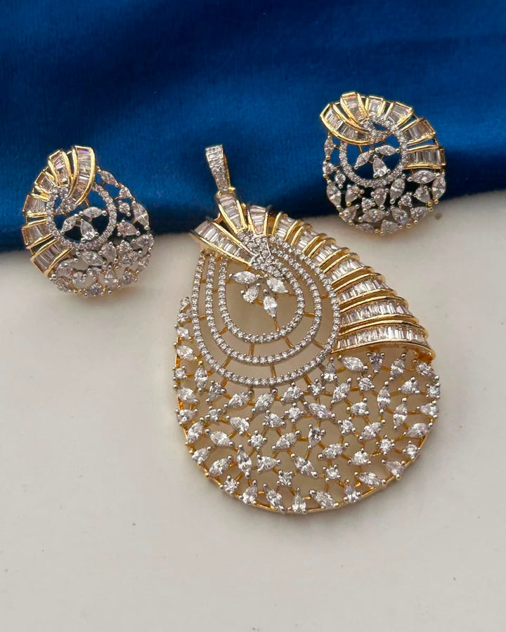 Mehndi Polish Designer CZ Pendant Set with Matching Stud Earrings