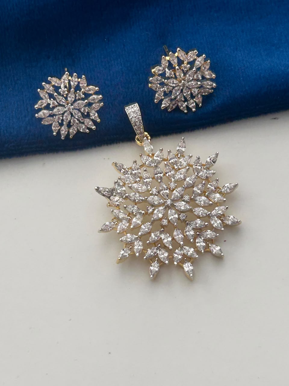 Mehndi Polish Snowflake CZ Pendant Set with Matching Stud Earrings