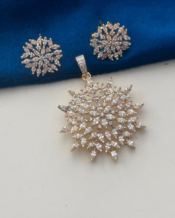 Mehndi Polish Snowflake CZ Pendant Set with Matching Stud Earrings