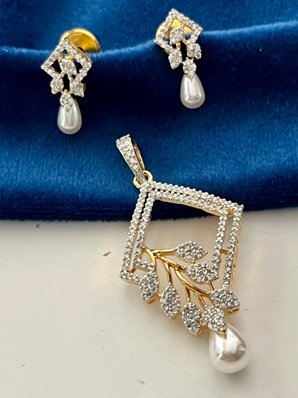 CZ Pearl Leaf Pendant Set with Earrings Pearl Jewellery for Women