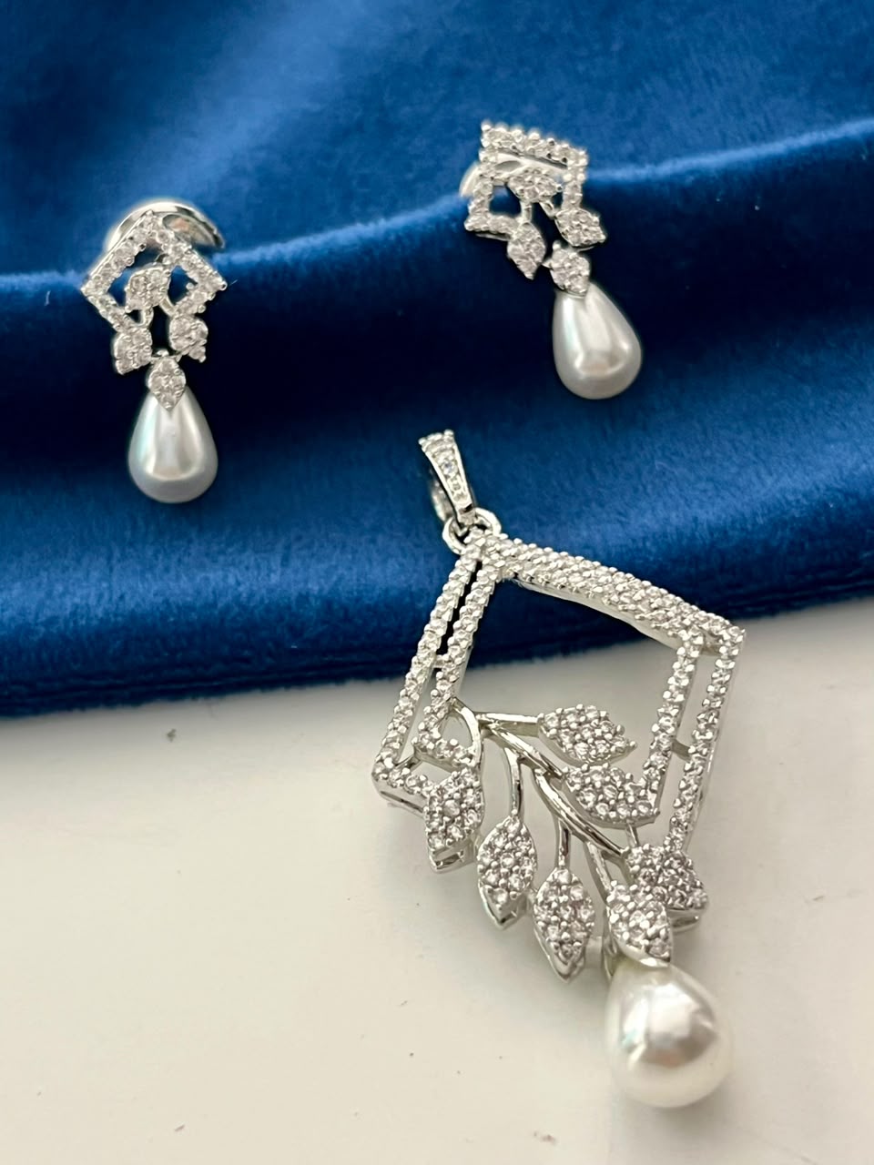 CZ Pearl Leaf Pendant Set with Earrings Pearl Jewellery for Women