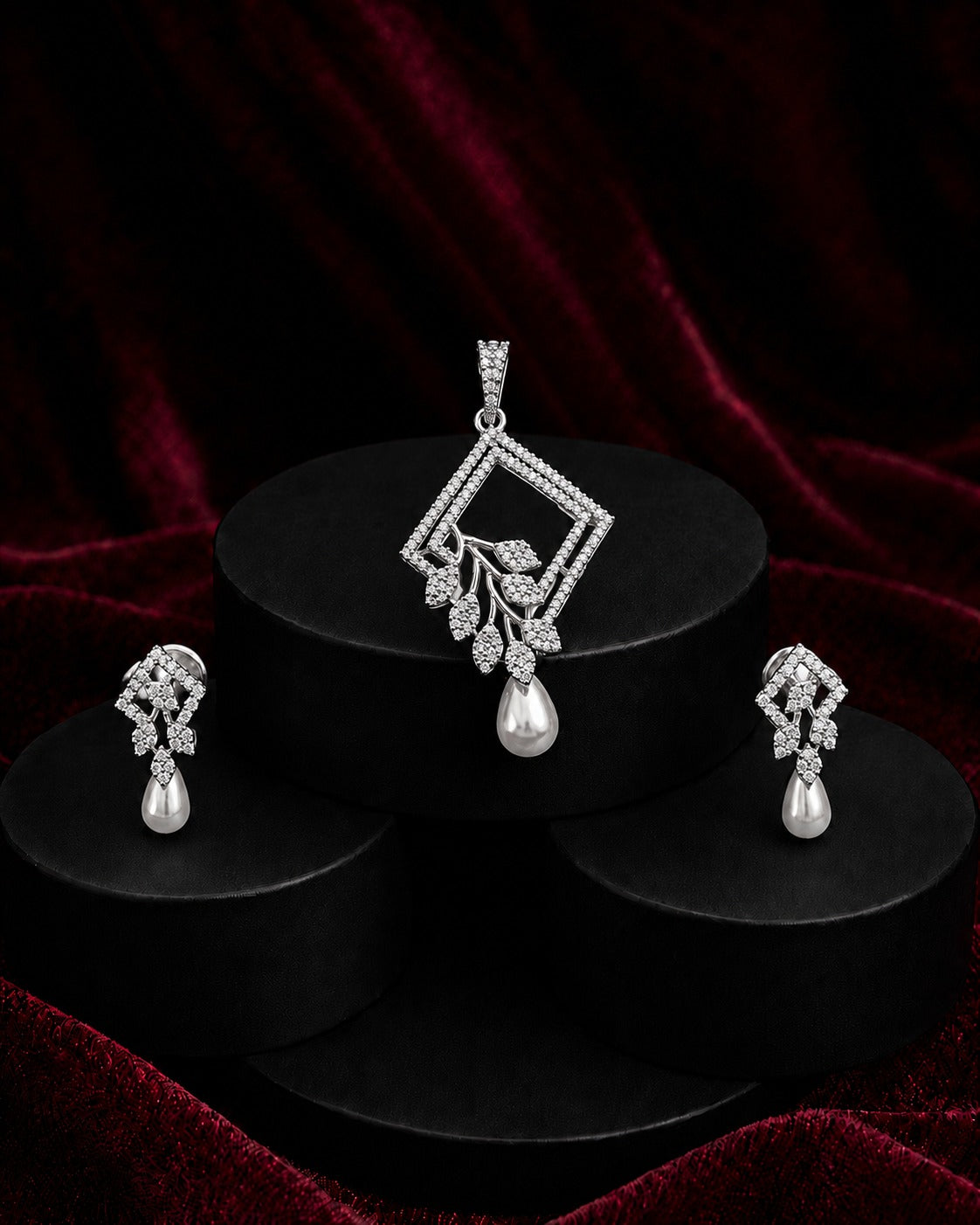 CZ Pearl Leaf Pendant Set with Earrings Pearl Jewellery for Women