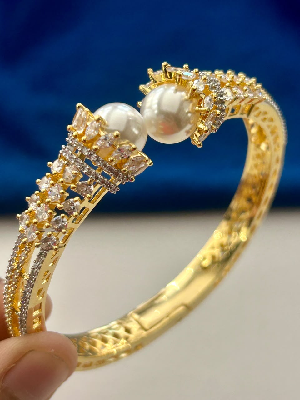 Moti Royale Pearl Open Cuff Bangle | Gold-Plated CZ Bracelet