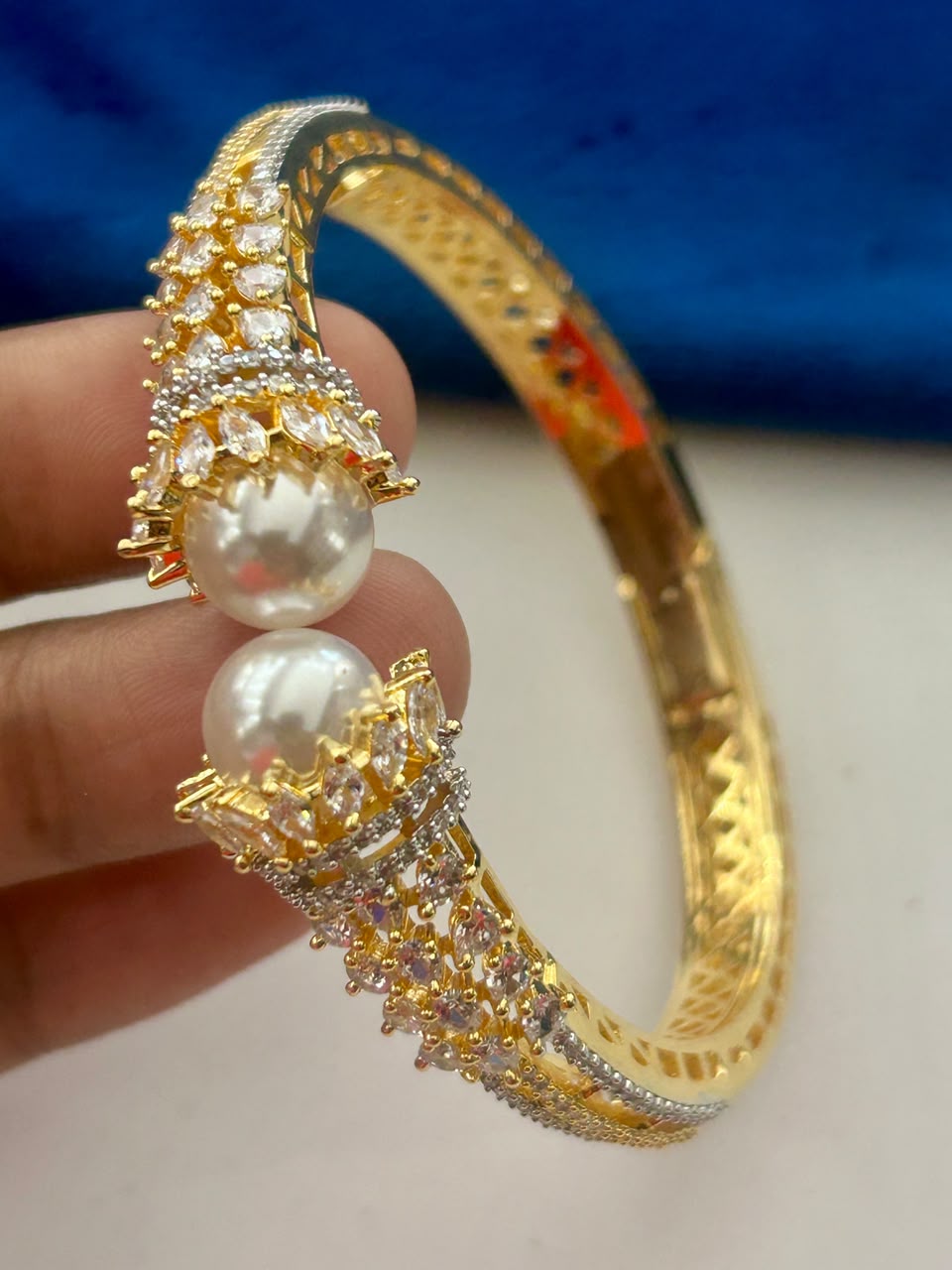Moti Royale Pearl Open Cuff Bangle | Gold-Plated CZ Bracelet